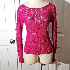Newport News pink crochet sweater with cherry 🍒. Size large